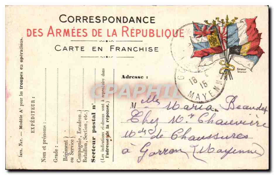 Carte en franchise militaire Militaria Beaudot Garron Mayenne 