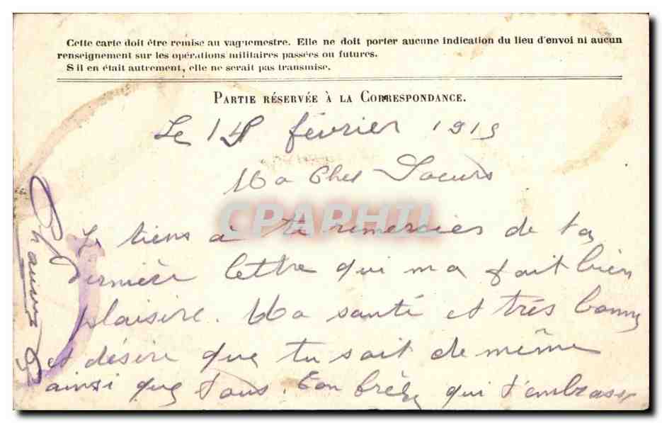 Carte en franchise militaire Militaria Beaudot Garron Mayenne  — Rückseite
