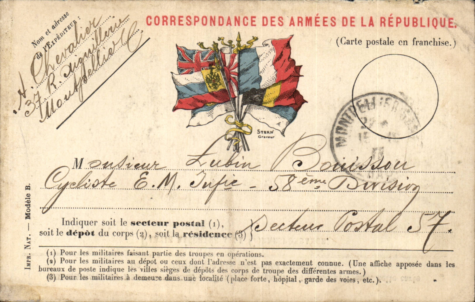 Carte en franchise militaire Militaria Bouisson Monpellier