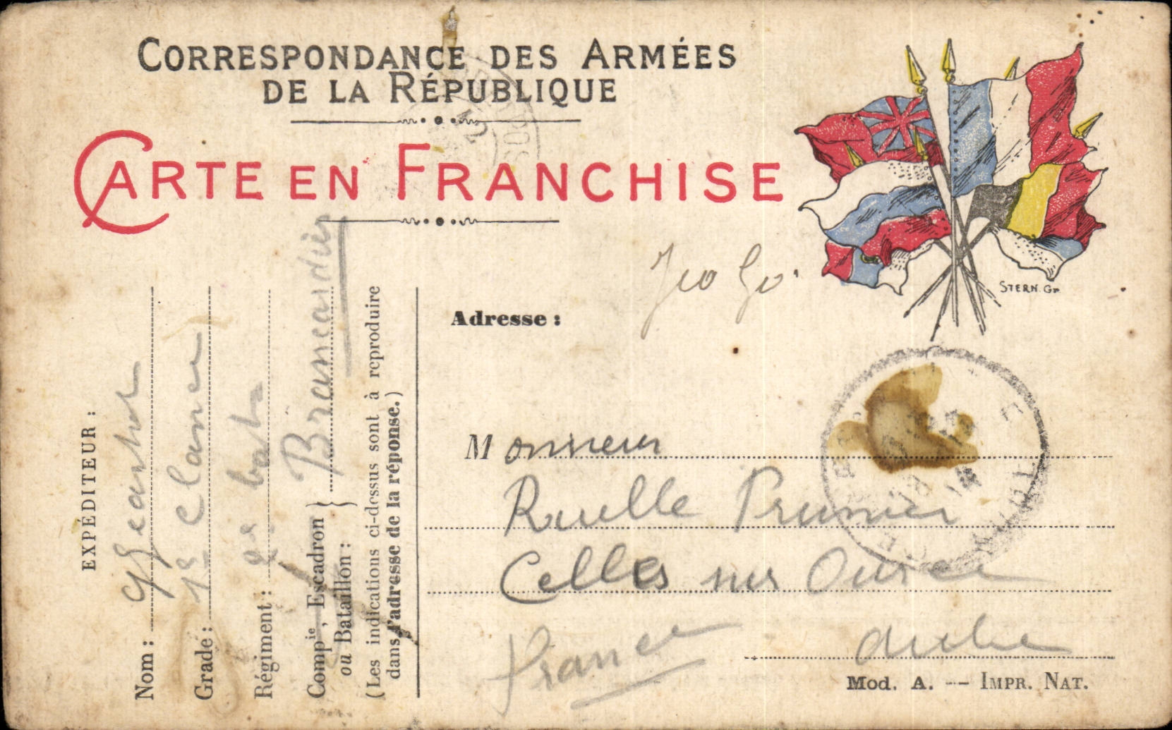 Carte en franchise militaire Militaria Prunier Celles sur Oure