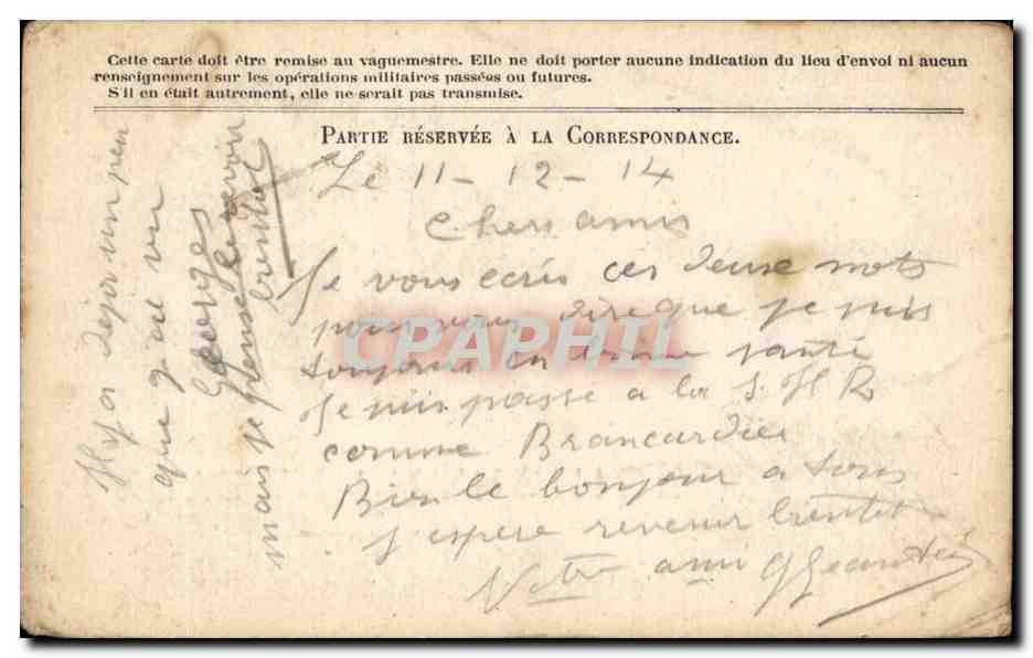 Carte en franchise militaire Militaria Prunier Celles sur Oure — Rückseite