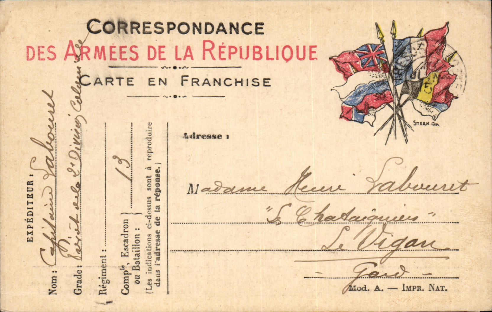 Carte en franchise militaire Militaria Labouret Le Vigau