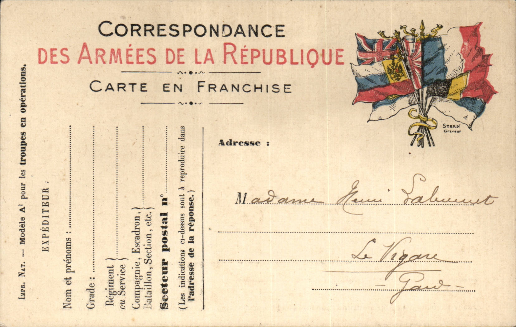 Carte en franchise militaire Militaria Labouret Le Vigau