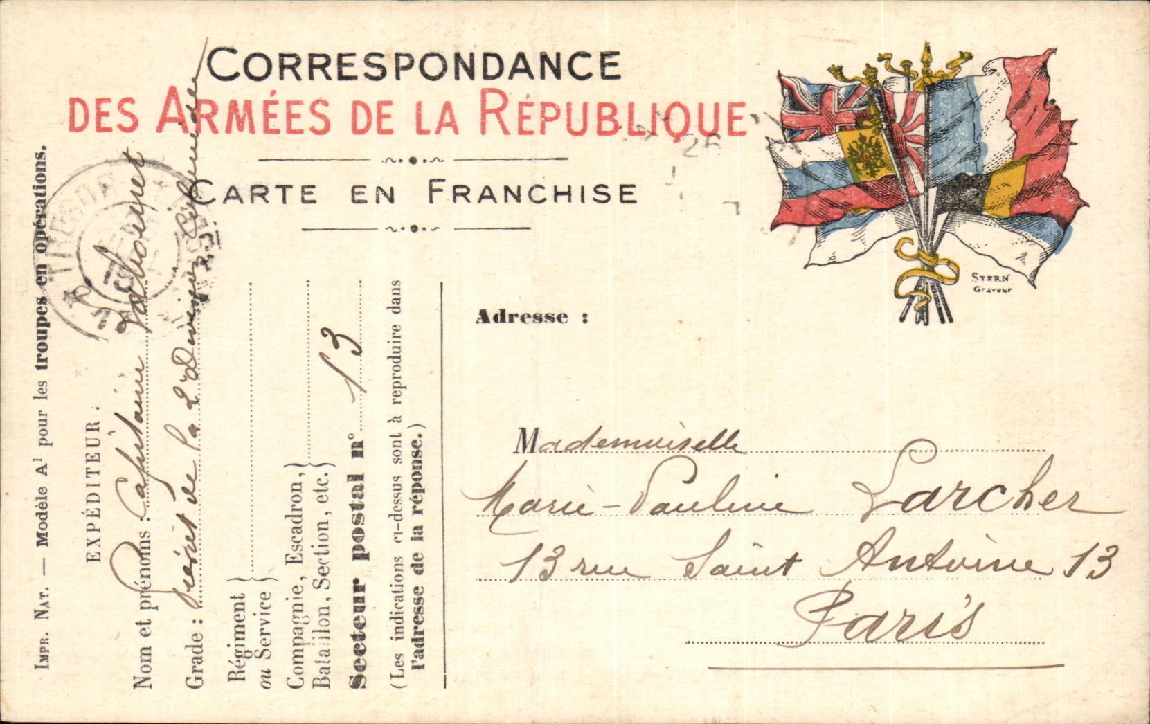Carte en franchise militaire Militaria Labouret Larcher Paris 