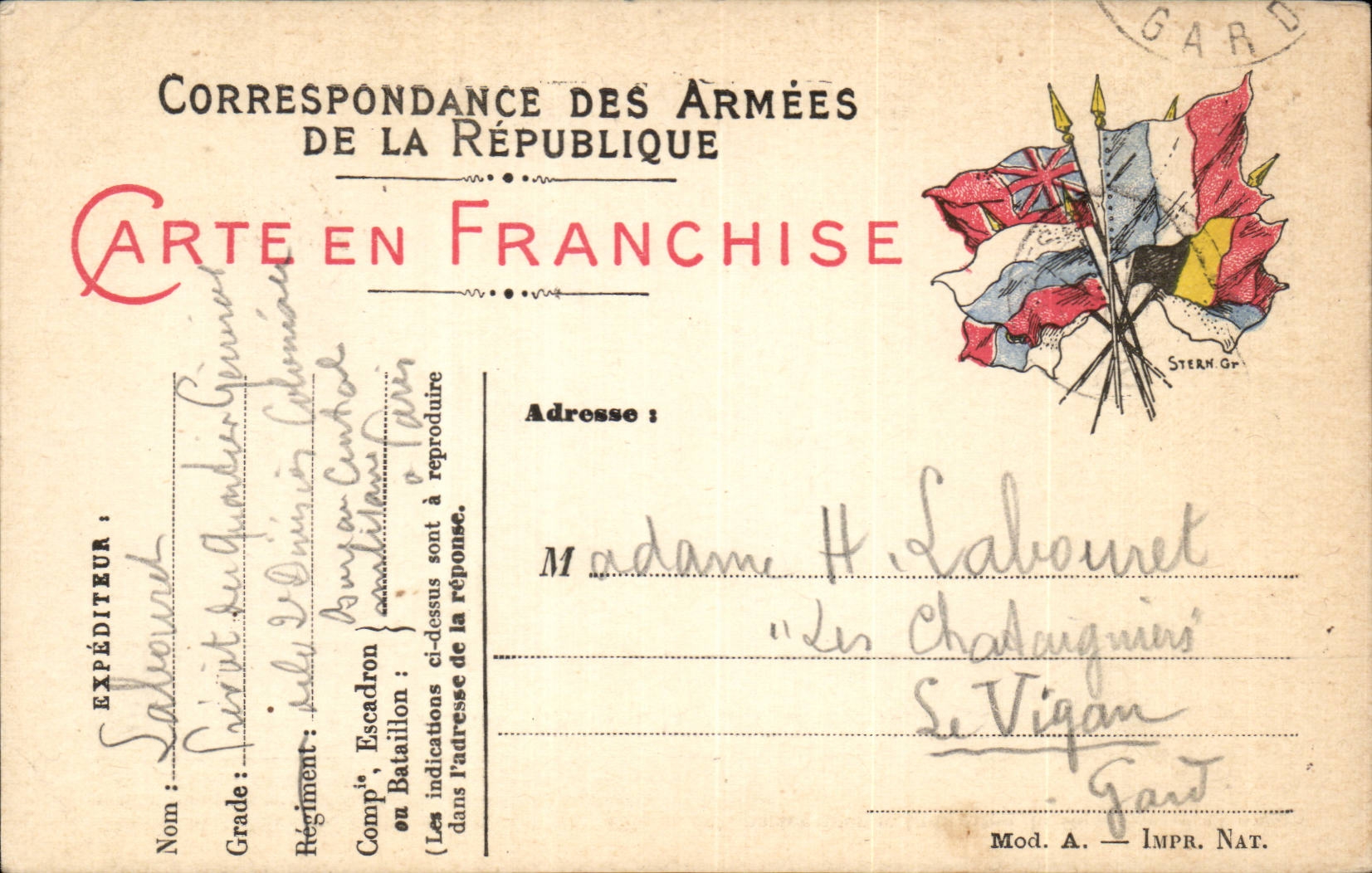 Carte en franchise militaire Militaria Labouret Le Vigan Gard