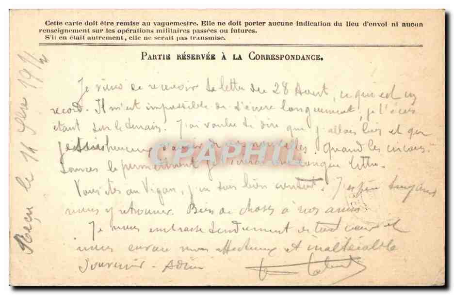 Carte en franchise militaire Militaria Labouret Le Vigan Gard — Rückseite