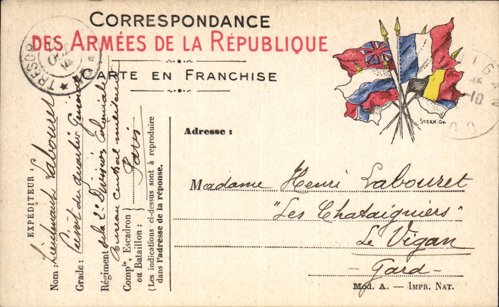 Carte en franchise militaire Militaria Labouret Le Vigan Gard