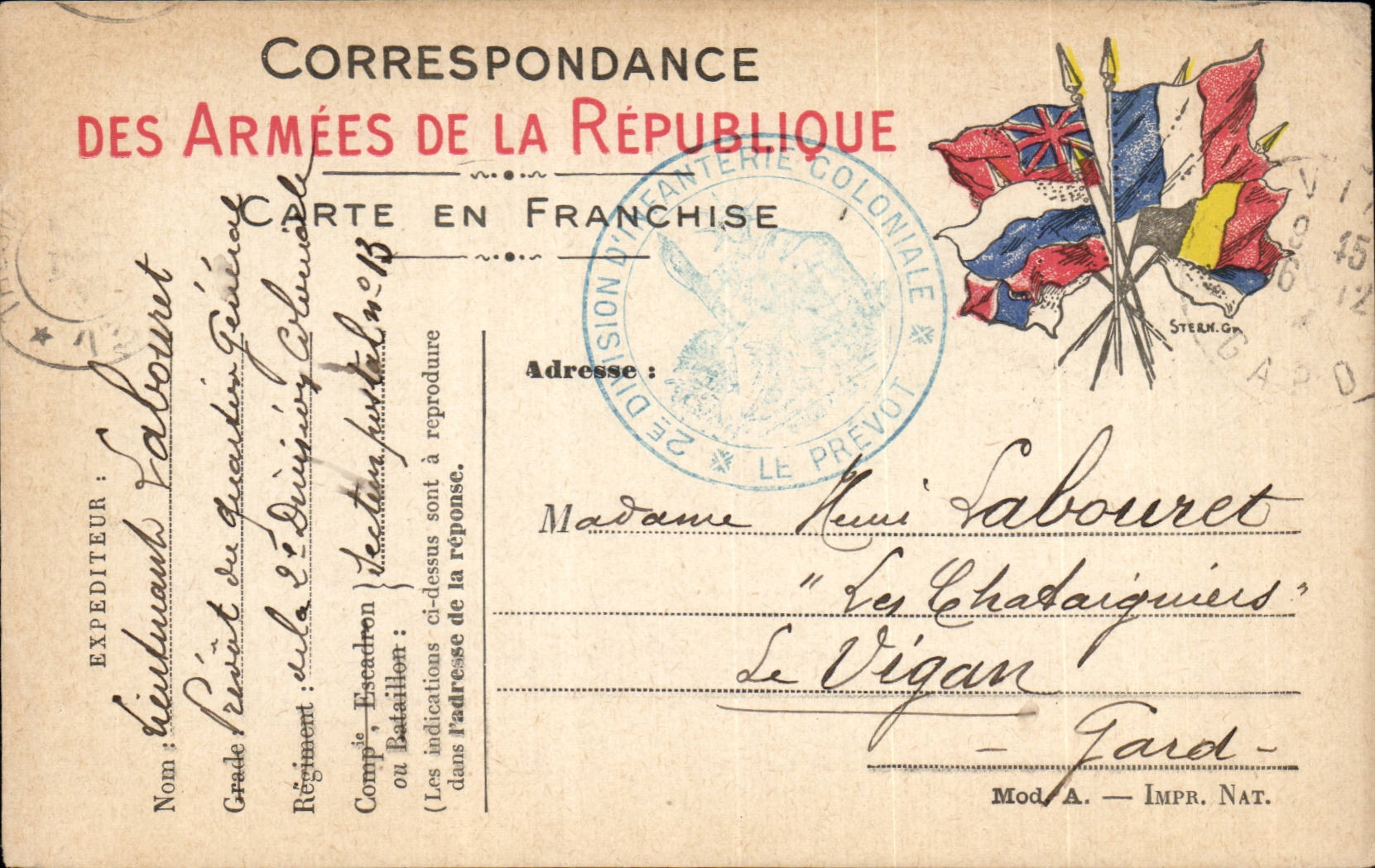 Carte en franchise militaire Militaria Labouret Le Vigan Gard