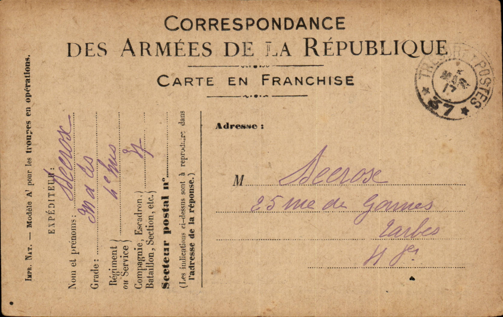 Carte en franchise militaire Militaria Seerose Tarbes