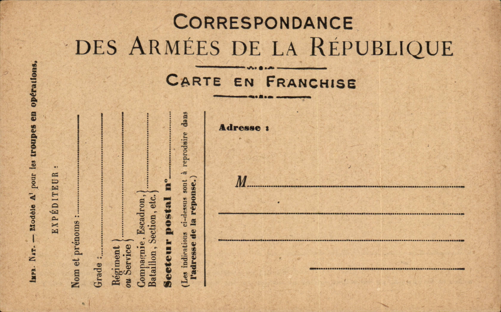 Carte en franchise militaire Militaria Neuve