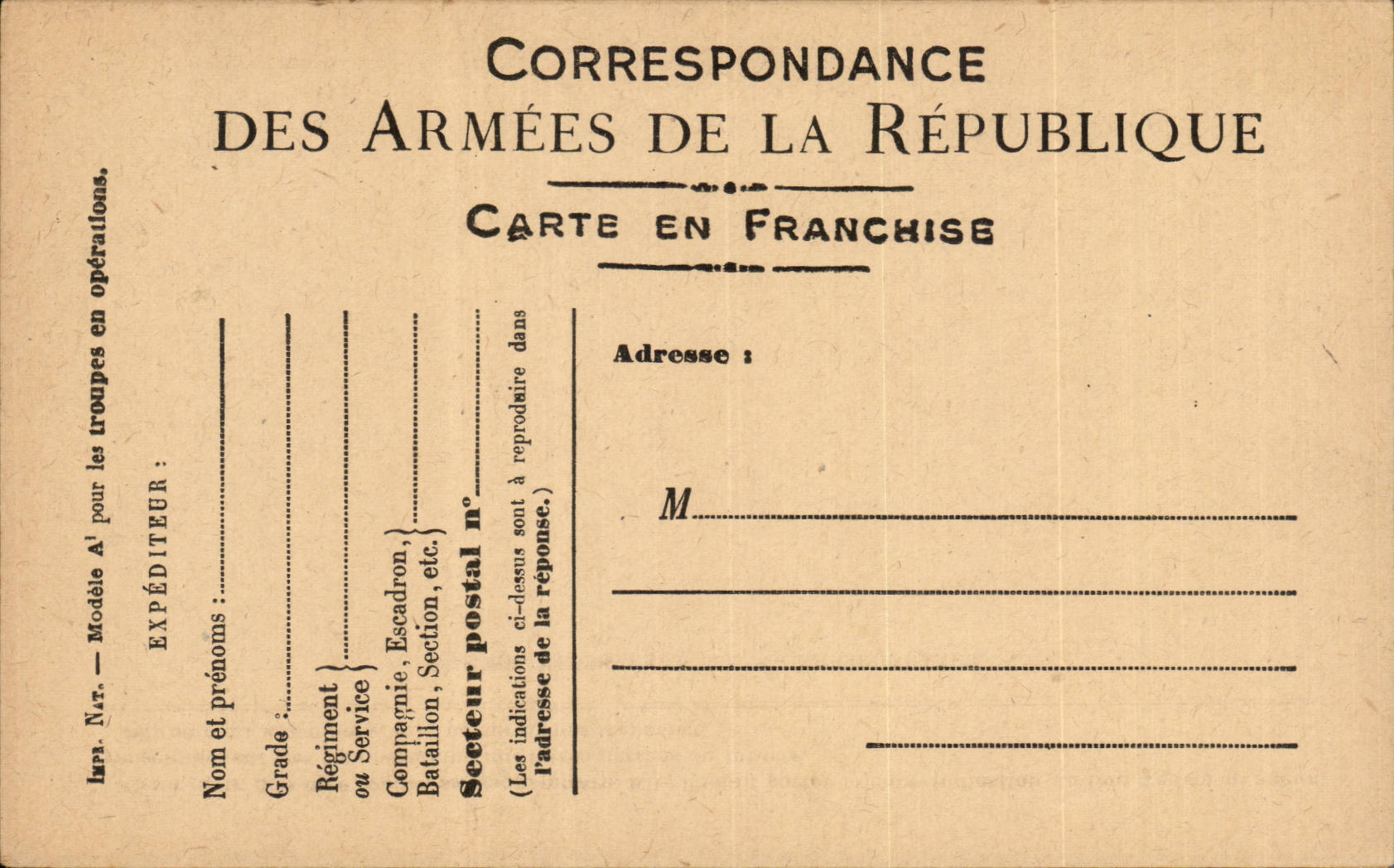 Carte en franchise militaire Militaria Neuve