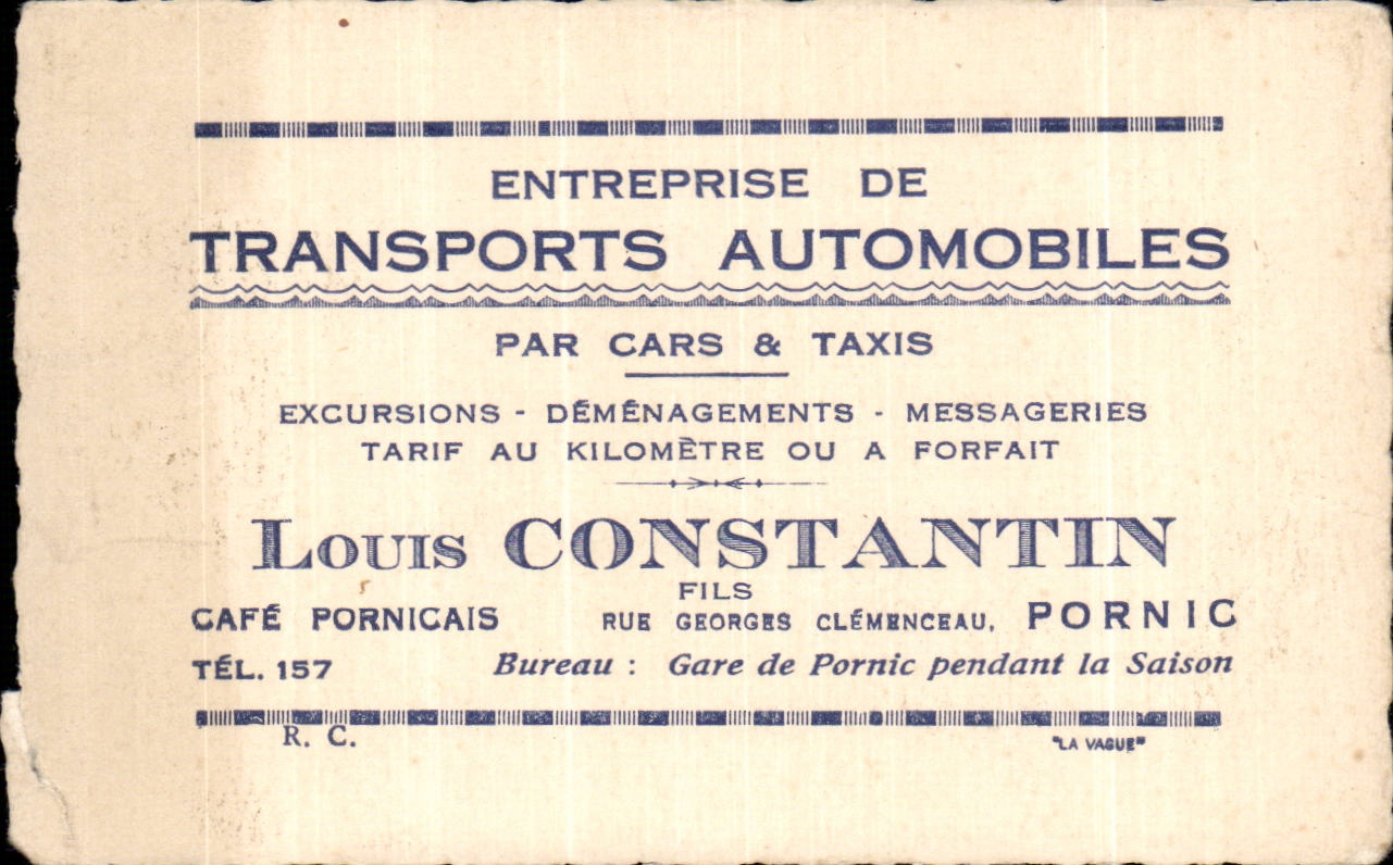 Carte de visite Transports Automobiles Louis Constantin Taxis Rue Georges Clemenceeau Pornic