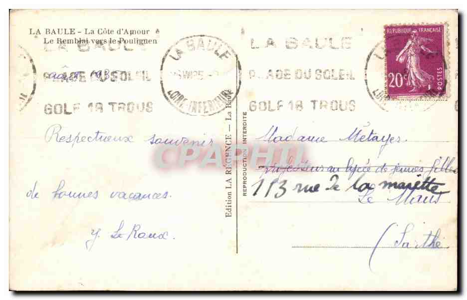CPA La Baule La cote d'amour Le remblai vers le Pouliguen — Verso