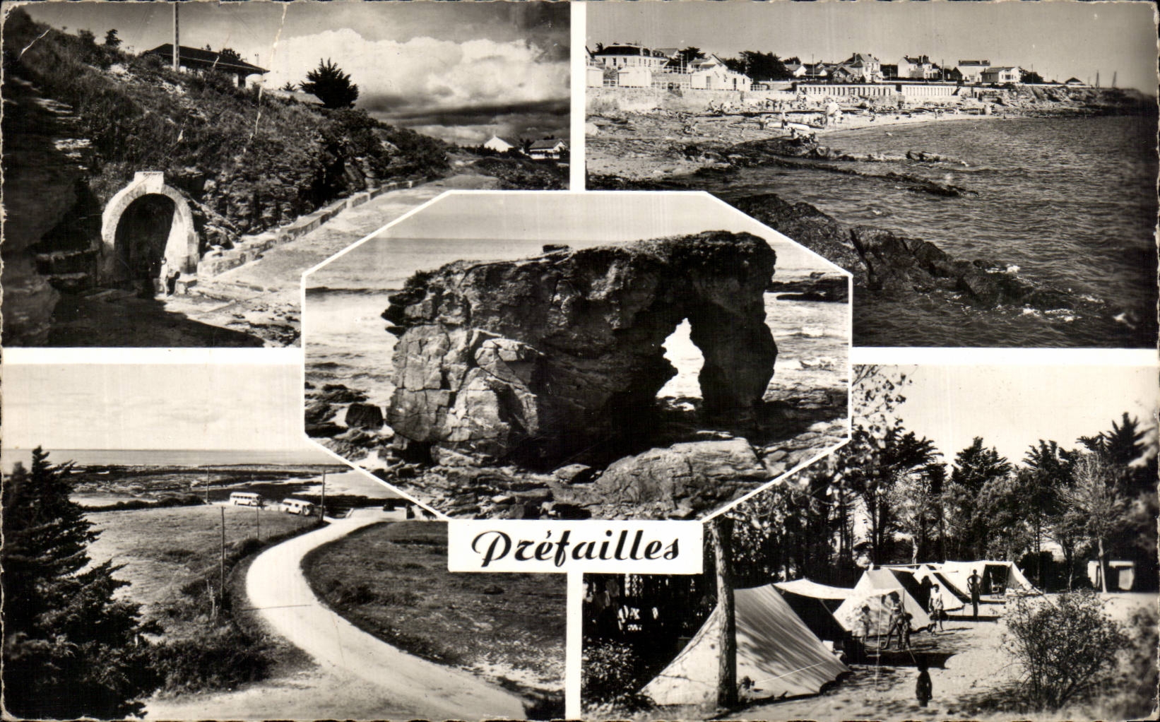 CPSM Prefailles Source ferrugineuse La grande plage La roche percee pointe Saint Gildas Le camping