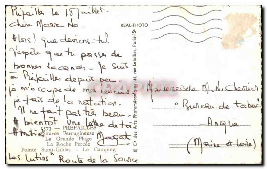 CPSM Prefailles Source ferrugineuse La grande plage La roche percee pointe Saint Gildas Le camping — Rückseite