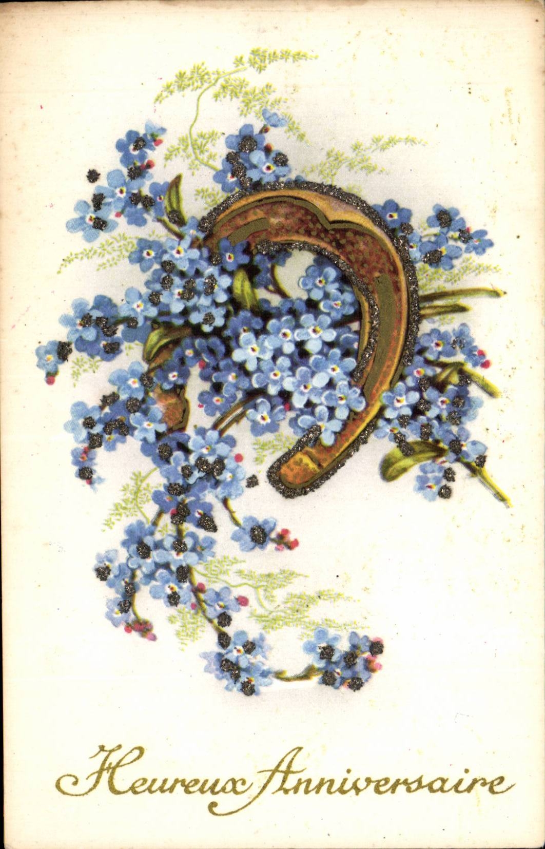 Fleurs - Flowers - Small purple flowers enrobing a good luck horse shoe - fer a cheval - Bonne Fete - CPA 
