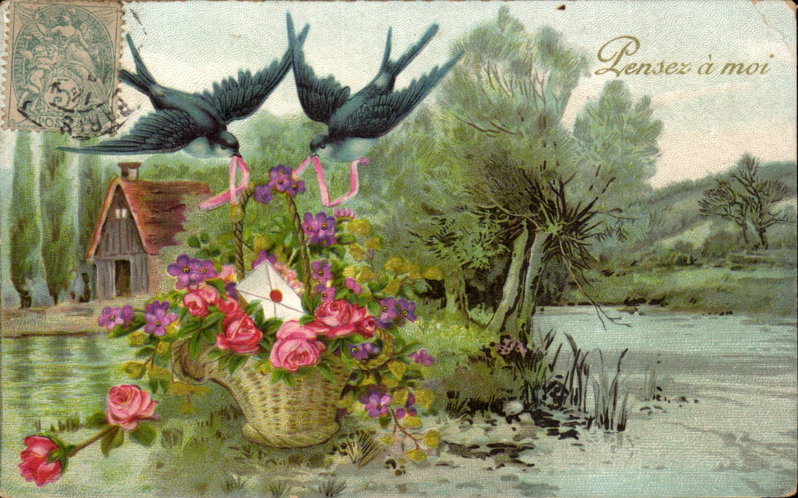 Fleurs - Flowers - cute little basket of flowers - pensez a moi - oiseaux - CPA Hirondelles