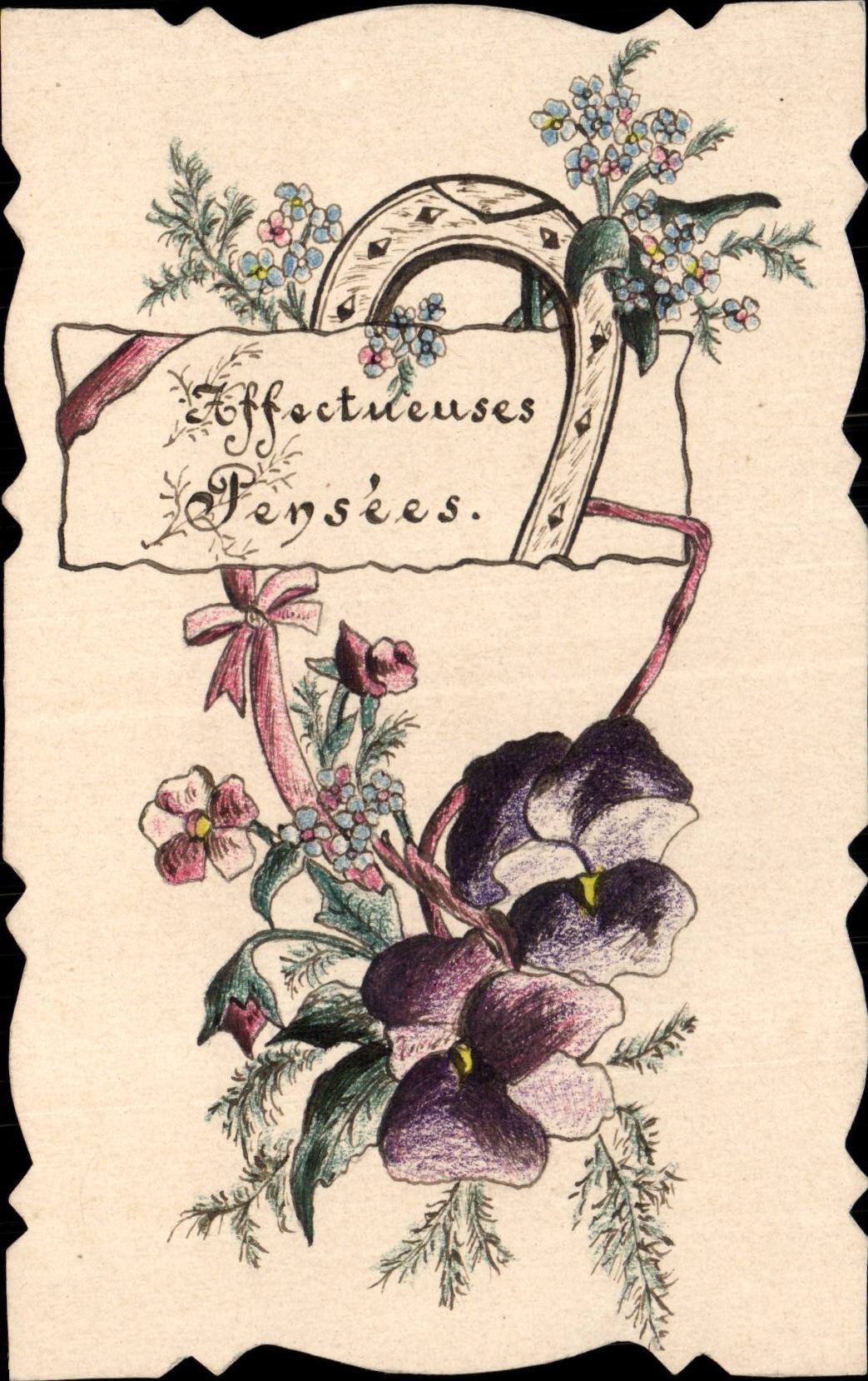 Fleurs - Flowers - Sffeteuses Pensee - fer a cheval - good luck horse shoe - CPA 
