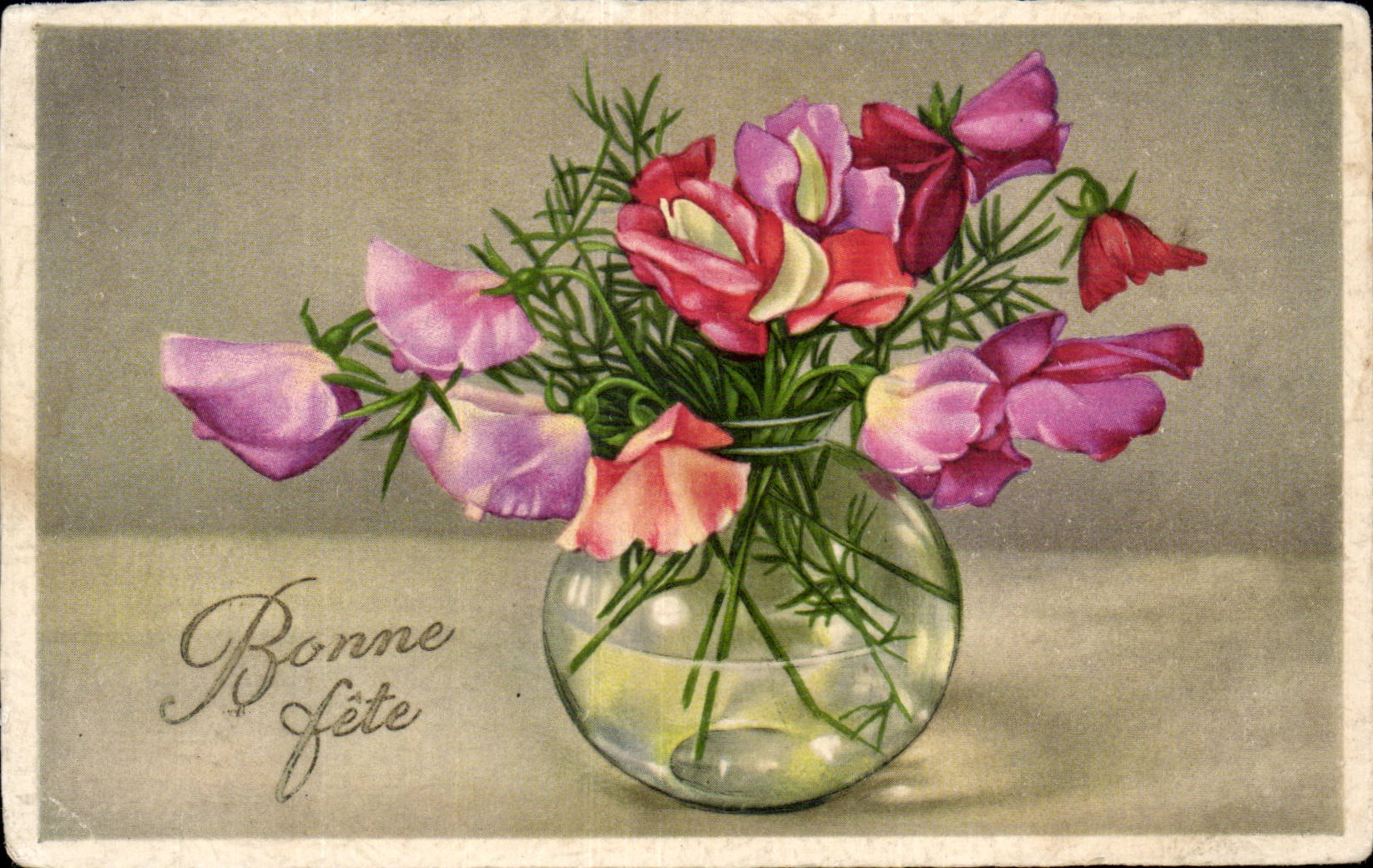 Fleurs - Flowers in a glass vase - Bonne Fete - CPA 