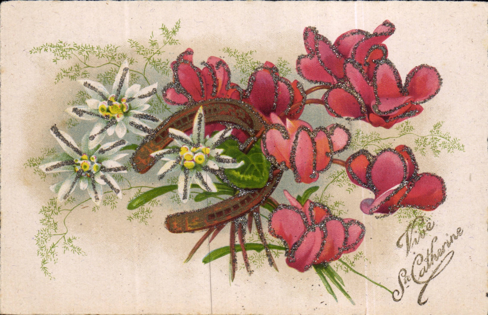 Fleurs - Flowers - Glitter Vintage card - Vive Ste Catherine - CPA 