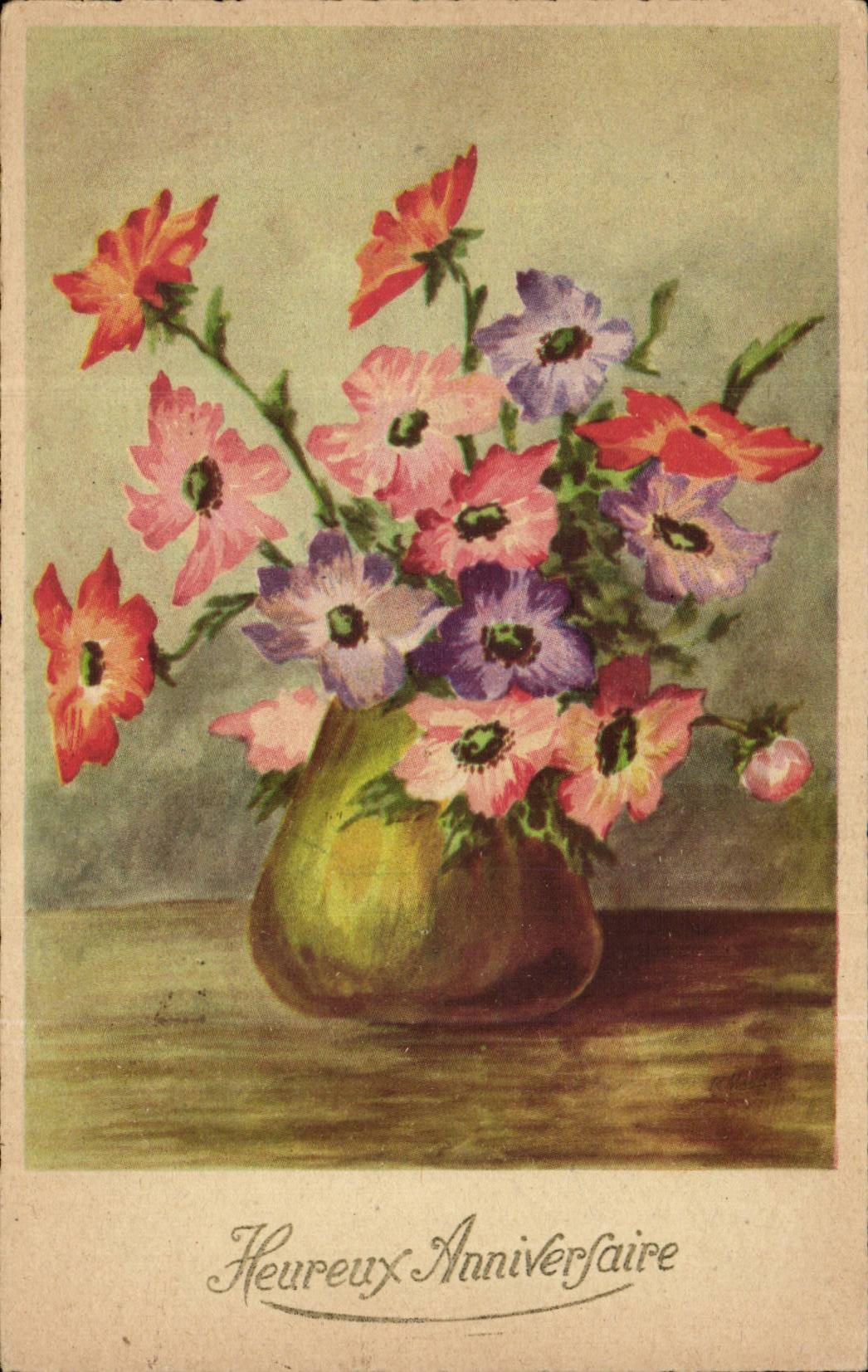 Fleurs - Flowers - Vase of springtime flowers - CPA 