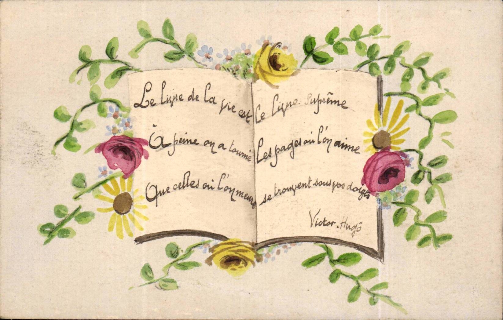 Fleurs - Flowers - Victor Hugo - flowered book - CPA 