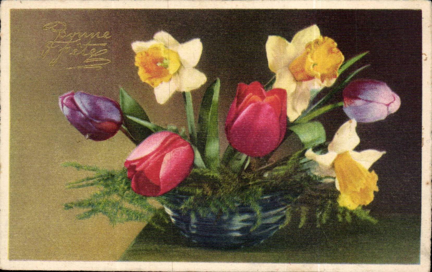 Flowers - Fleurs - Bonne Fete - colorful bouquet - tulip and daffodil - CPA 