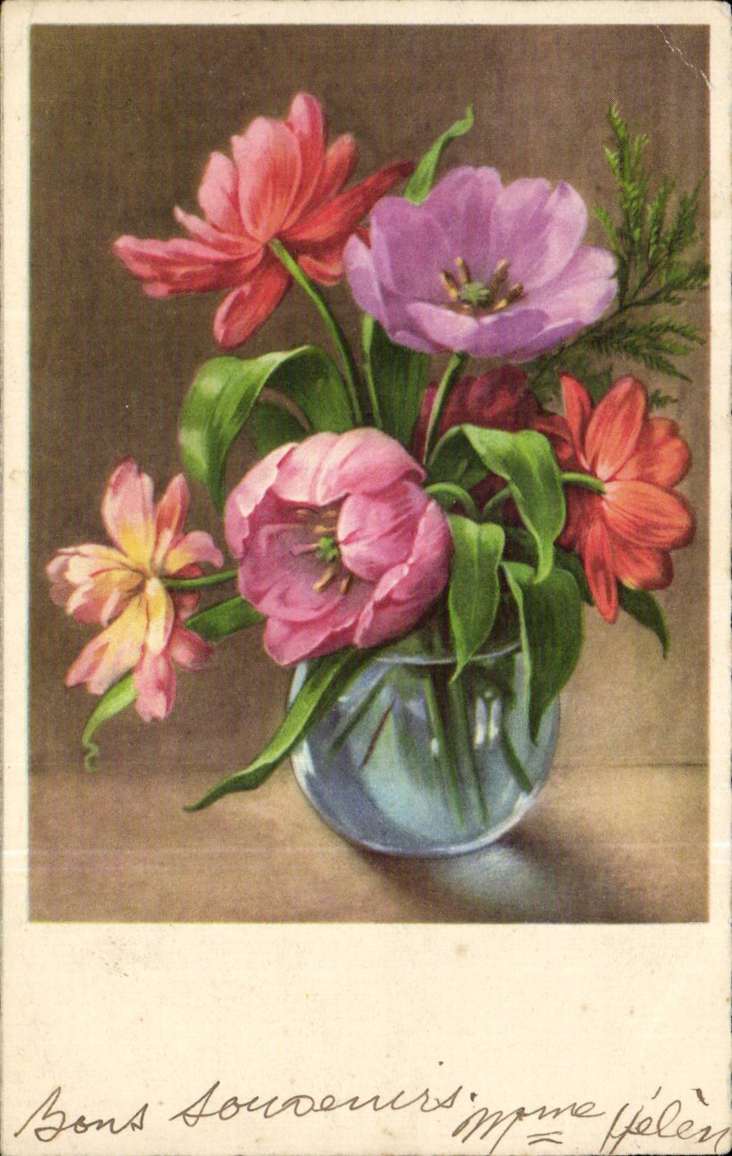 Flowers - Fleurs - pretty bouquet in glass vase - CPA 
