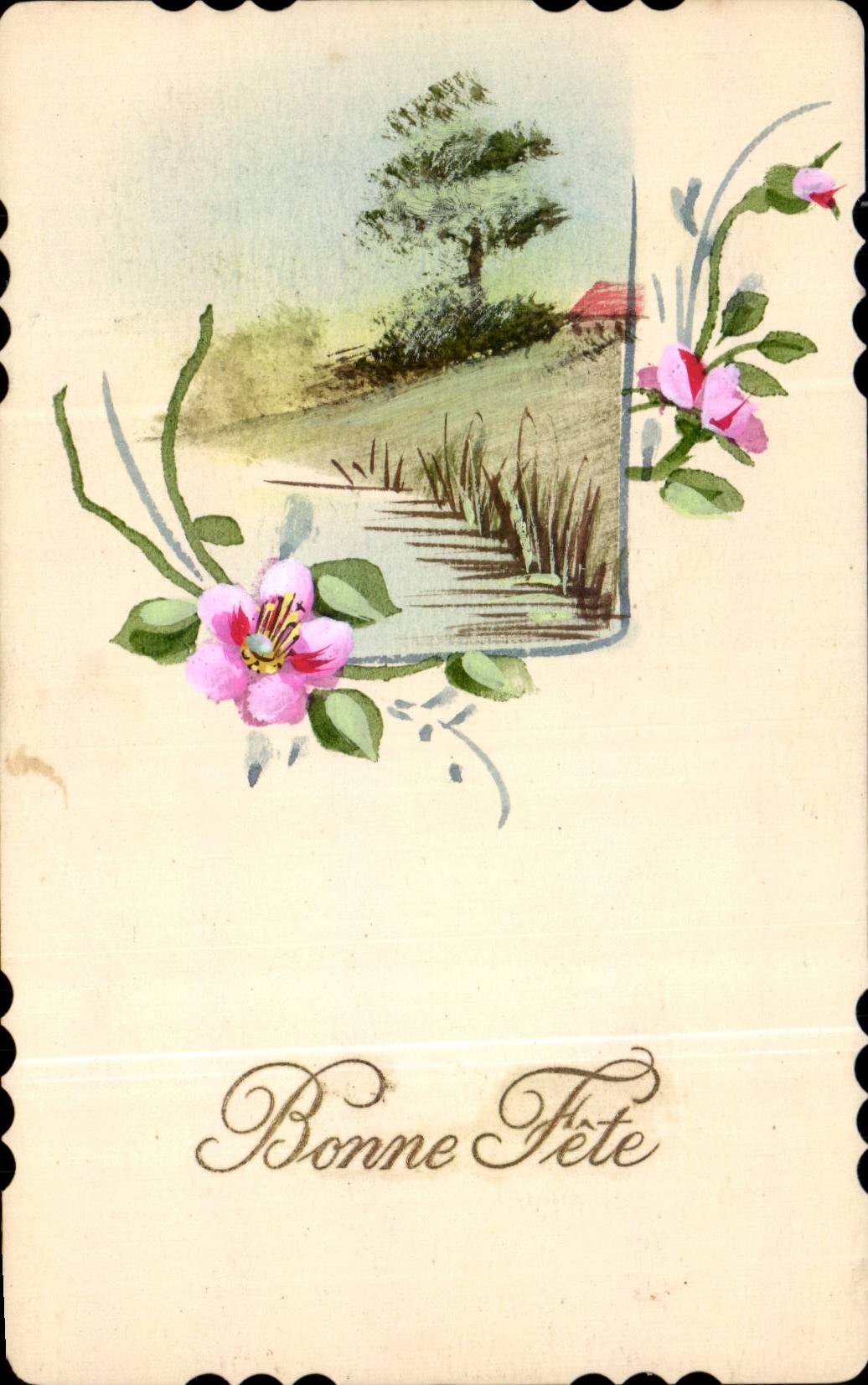 Flowers - Fleurs - Flowers and country scene - CPA 