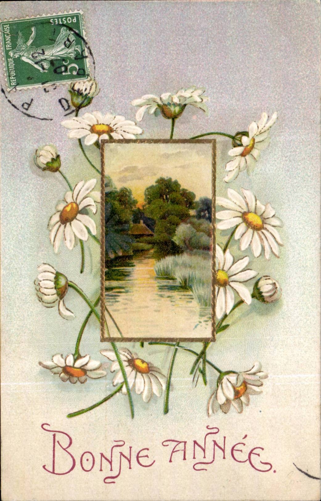 Fleurs - Flowers - daisies and little scene - CPA 