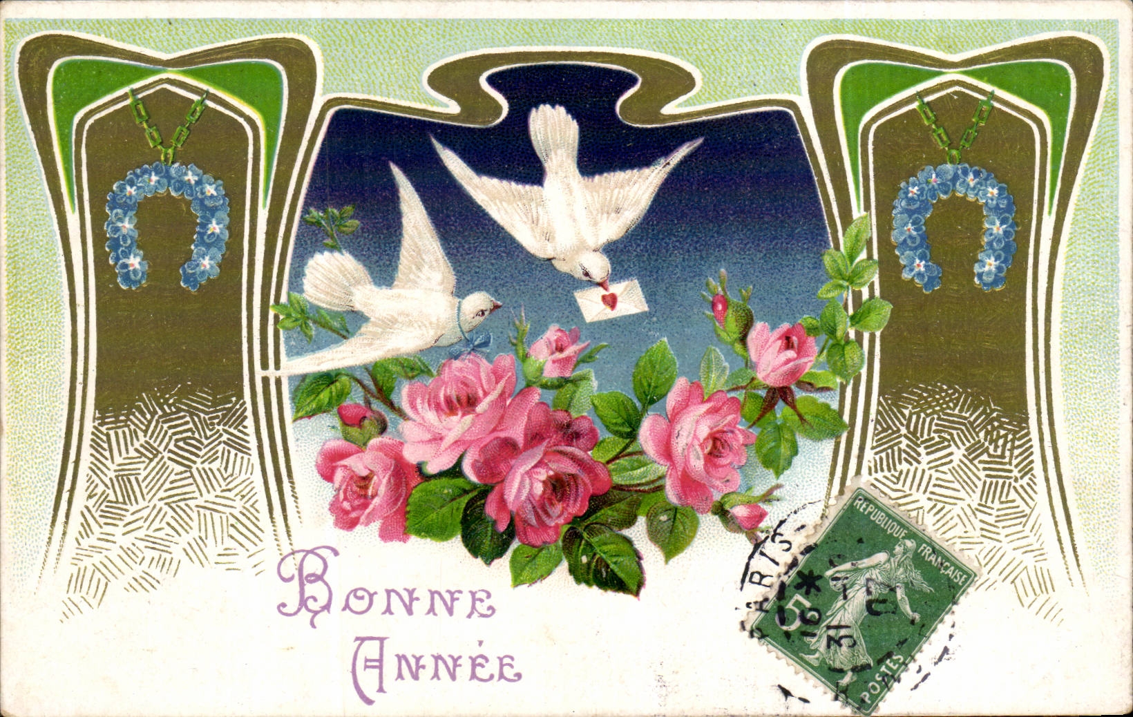 Fetes - Holiday - Bonnee - Annee - Happy New Year - Oiseaux - Birds - horseshoe - fer a cheval - CPA 