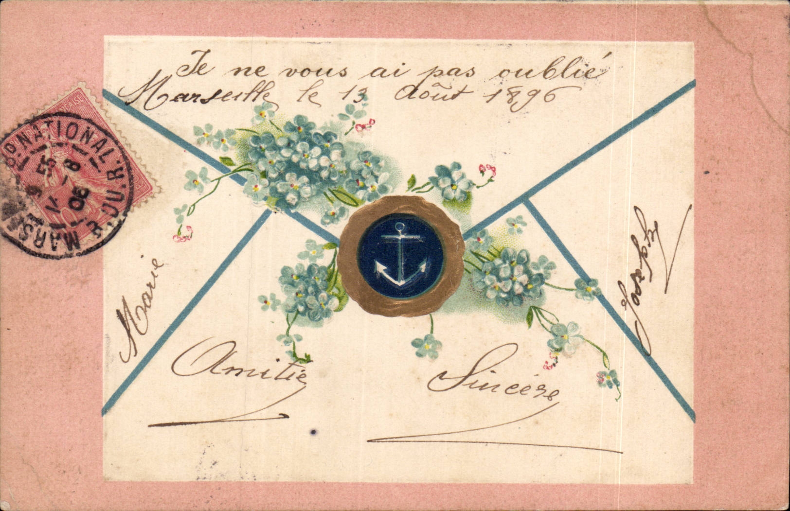 Fleurs - Flowers - Letter decorated with purple flowers and seal - ancre - CPA 