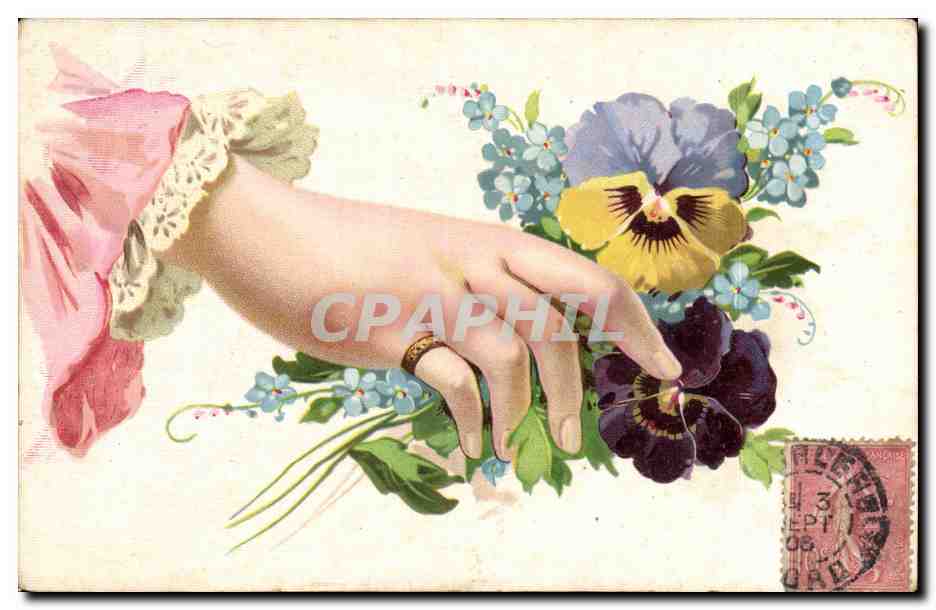 Fleurs - Flowers - Woman's Hand - Pensee - Pansy - CPA Main