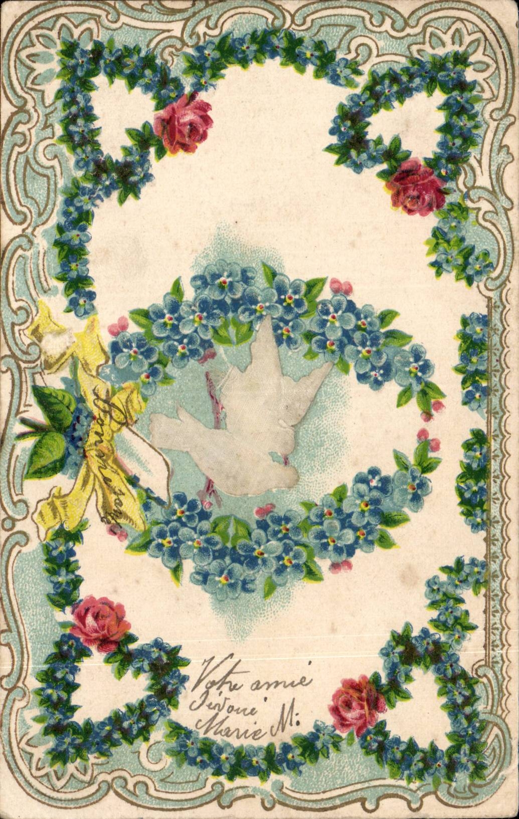 Dove et fleurs — Carte postale décorative — Imprimerie Union postale universelle