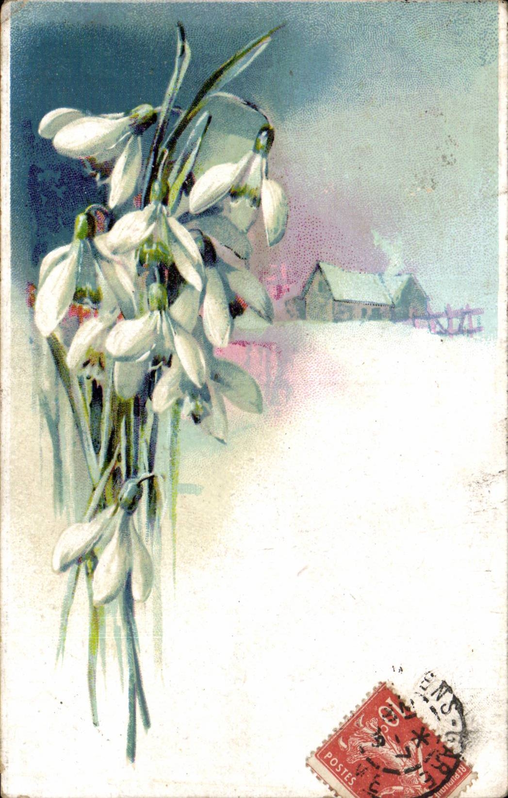 Fleurs - Flowers - snowbells - cottage in the winter - CPA 