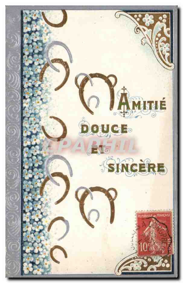 Fleurs - Flowers - Victorian border - Amitie - horseshoe - fer a cheval - CPA 