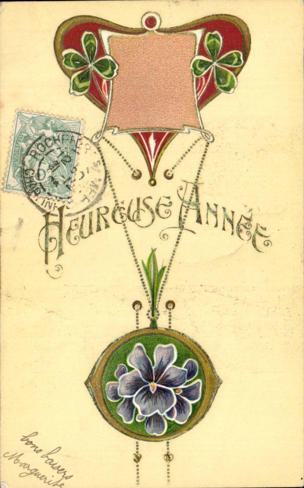 Heureuse Année — Carte postale décorative avec fleur et trèfles — éditeur non visible