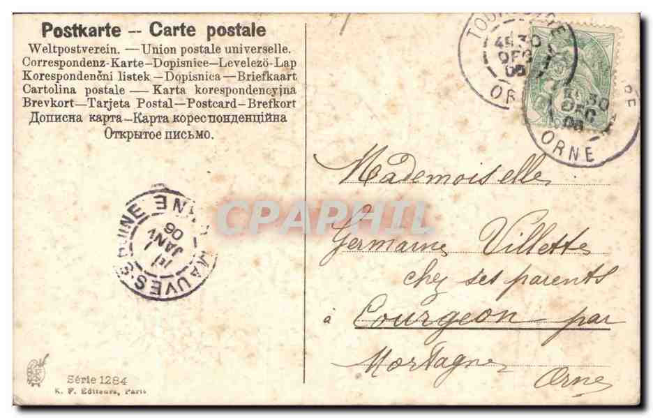 Paysage champêtre avec colombes — Série 1284 — K. F. Éditeurs, Paris — Reverso
