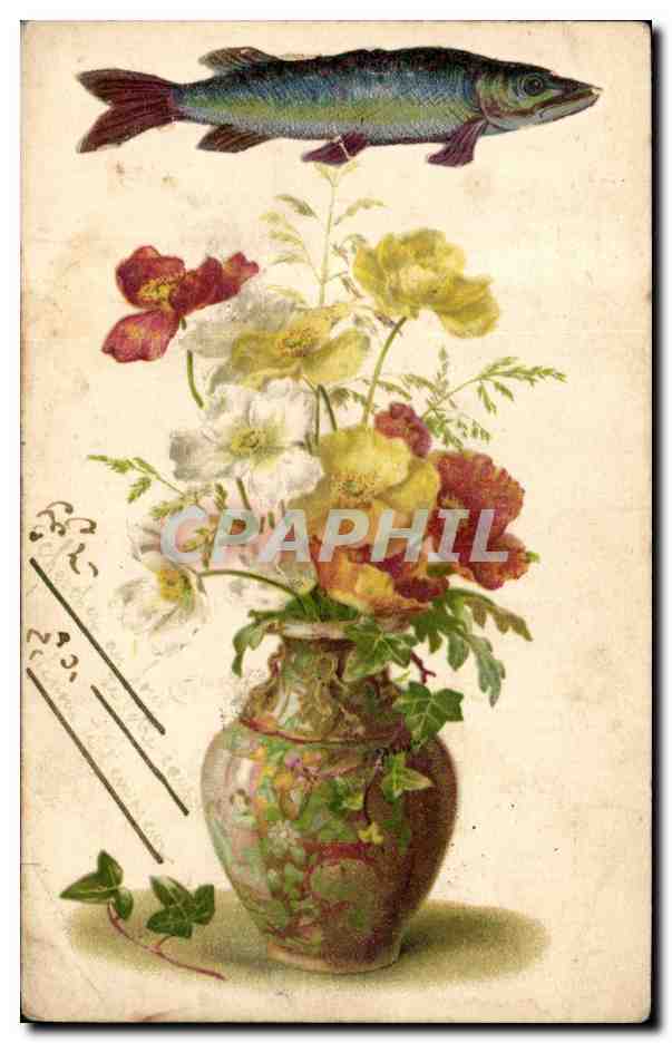 Fleurs - Flowers - Vase of flowers and fish - poisson - CPA 