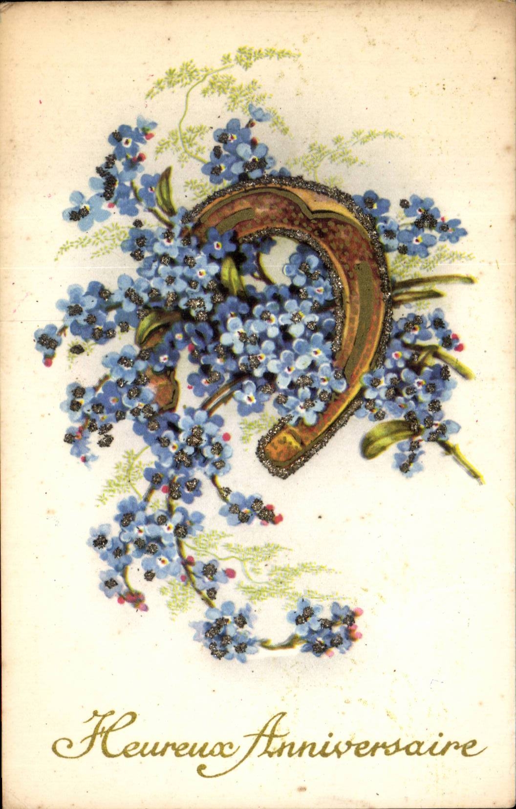 Fleur - Little purple flowers enrobing a good luck horse shoe - fer a cheval - CPA 