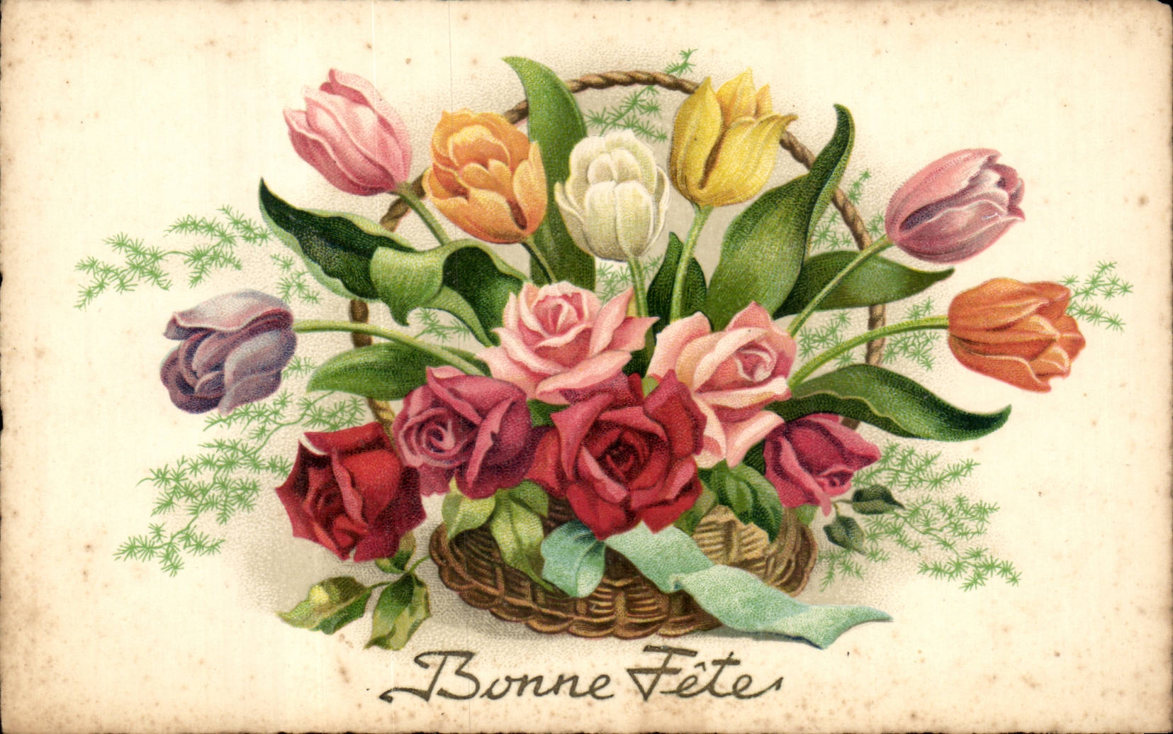 Fleurs - Flowers - Basket of tulips - Bonne Fete - CPA 
