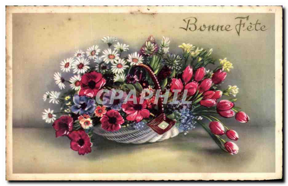 Fleurs - Flowers - Basket of daisies - Bonne Fete - CPA 