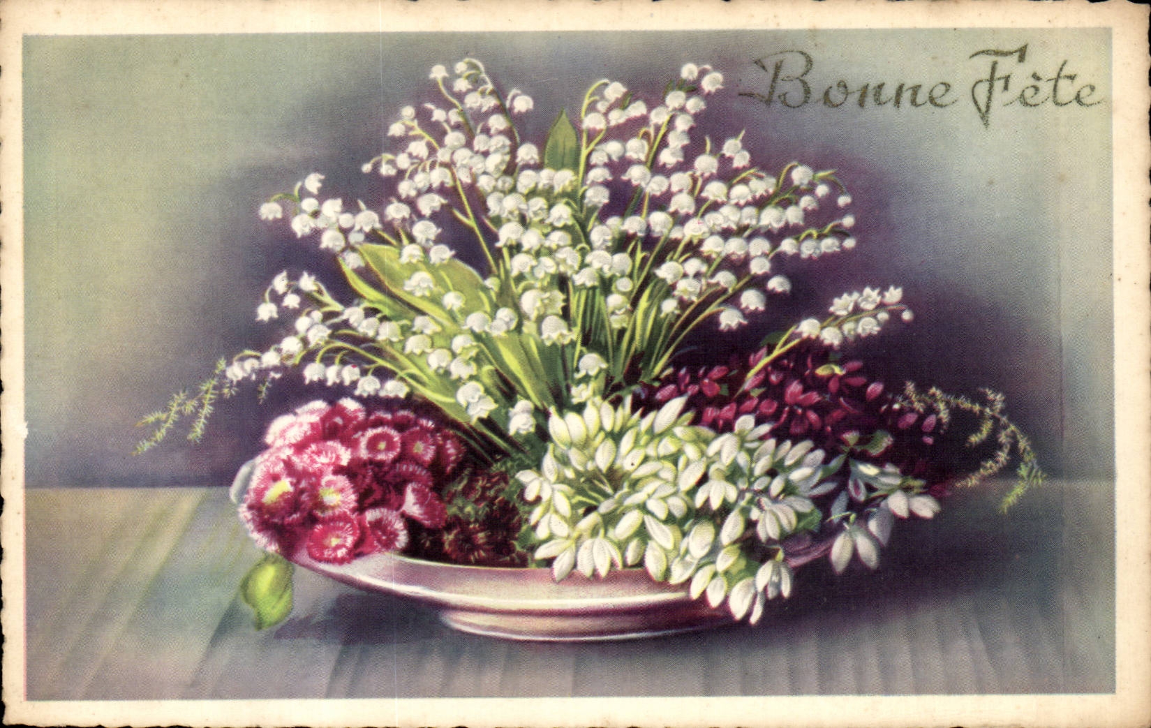 Fleurs - Flowers - Bowl of lily of the valley - muguet - Bonne Fete - CPA 