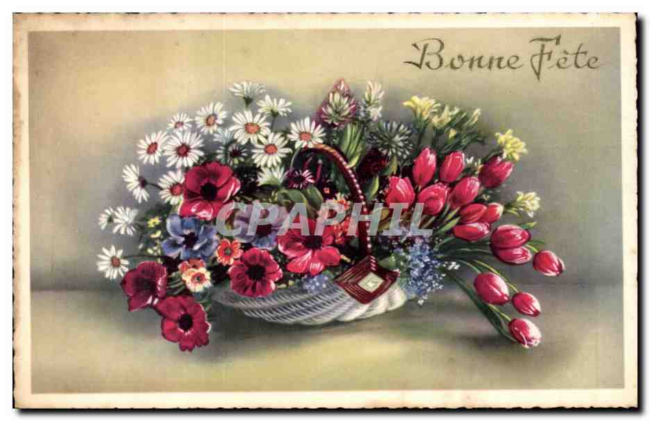Fleurs - Flowers - Basket of daisies - Bonne Fete - CPA 