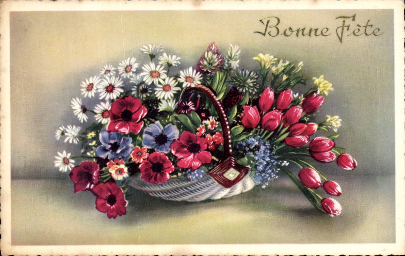 Fleurs - Flowers - Basket of daisies - Bonne Fete - CPA 