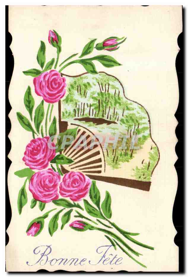 Fleurs - Flowers - Pretty little roses and fan - Bonne Fete - CPA 