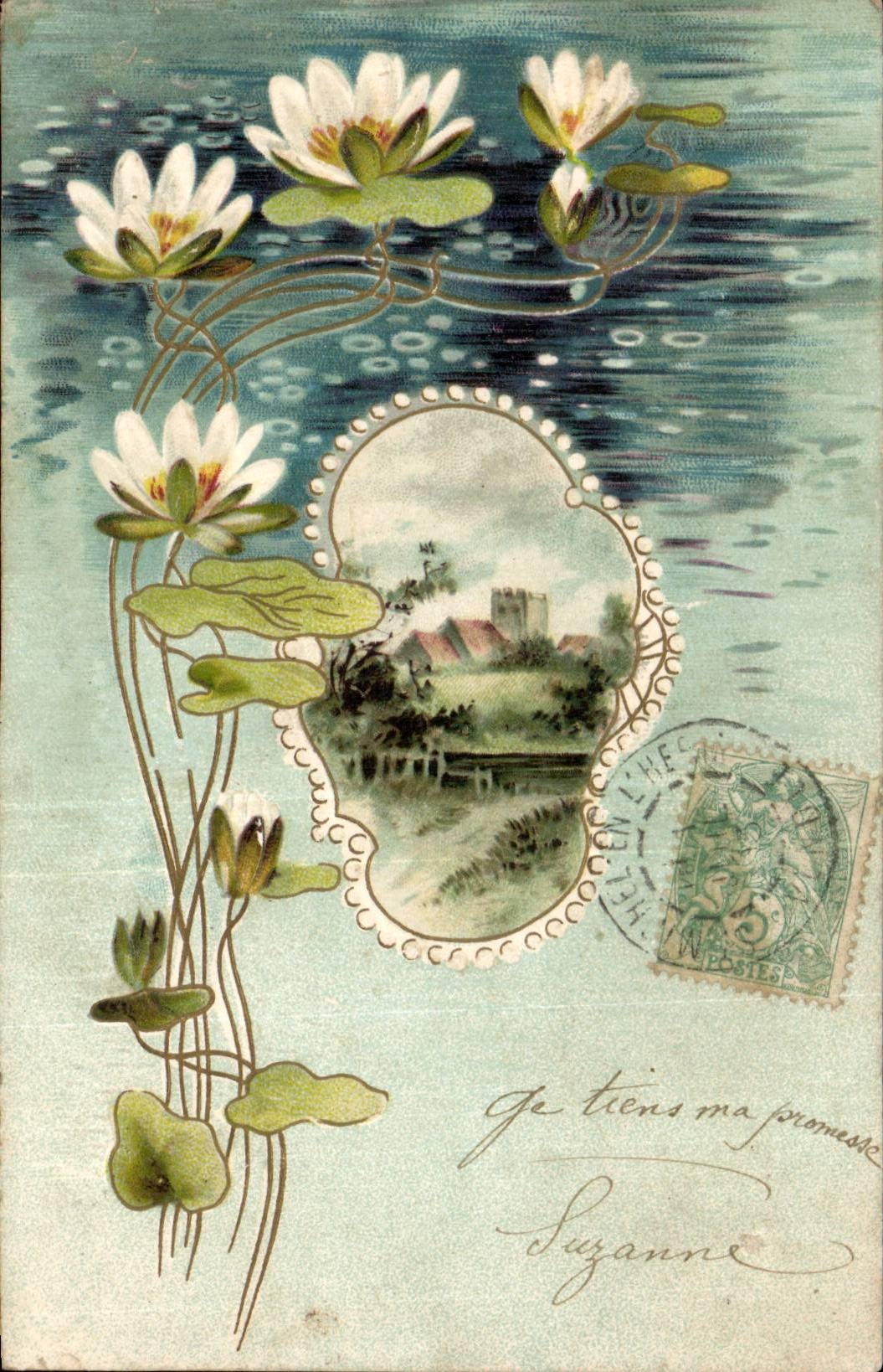 Fleurs - Flowers - Lily pad and country scene - CPA 