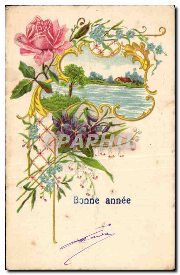 Bonne année — décor floral et paysage — éditeur non identifié
