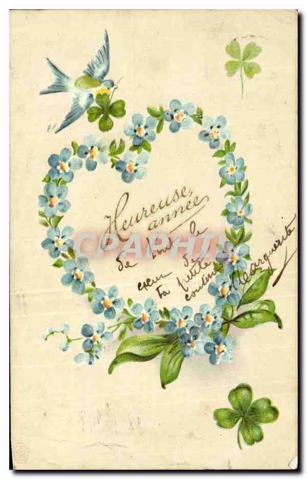 Fetes - Heureuse Annee - Happy New Year - Fleurs - Flowers - Oiseau - Bird - trefle - four leaf clover - CPA 