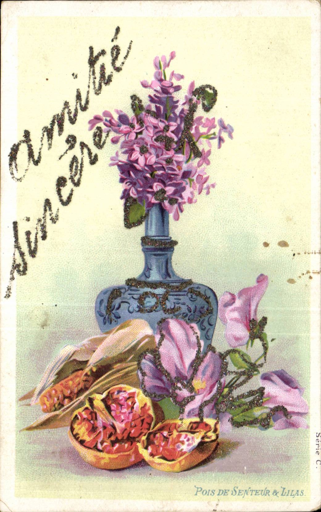 Fleurs - Flowers - Victorian Vase and flowers - glitter - CPA 